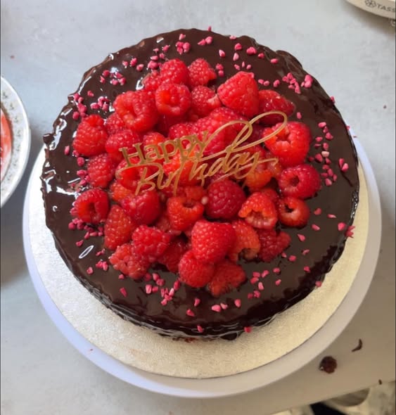 Chocolate raspberry celebration cake from above